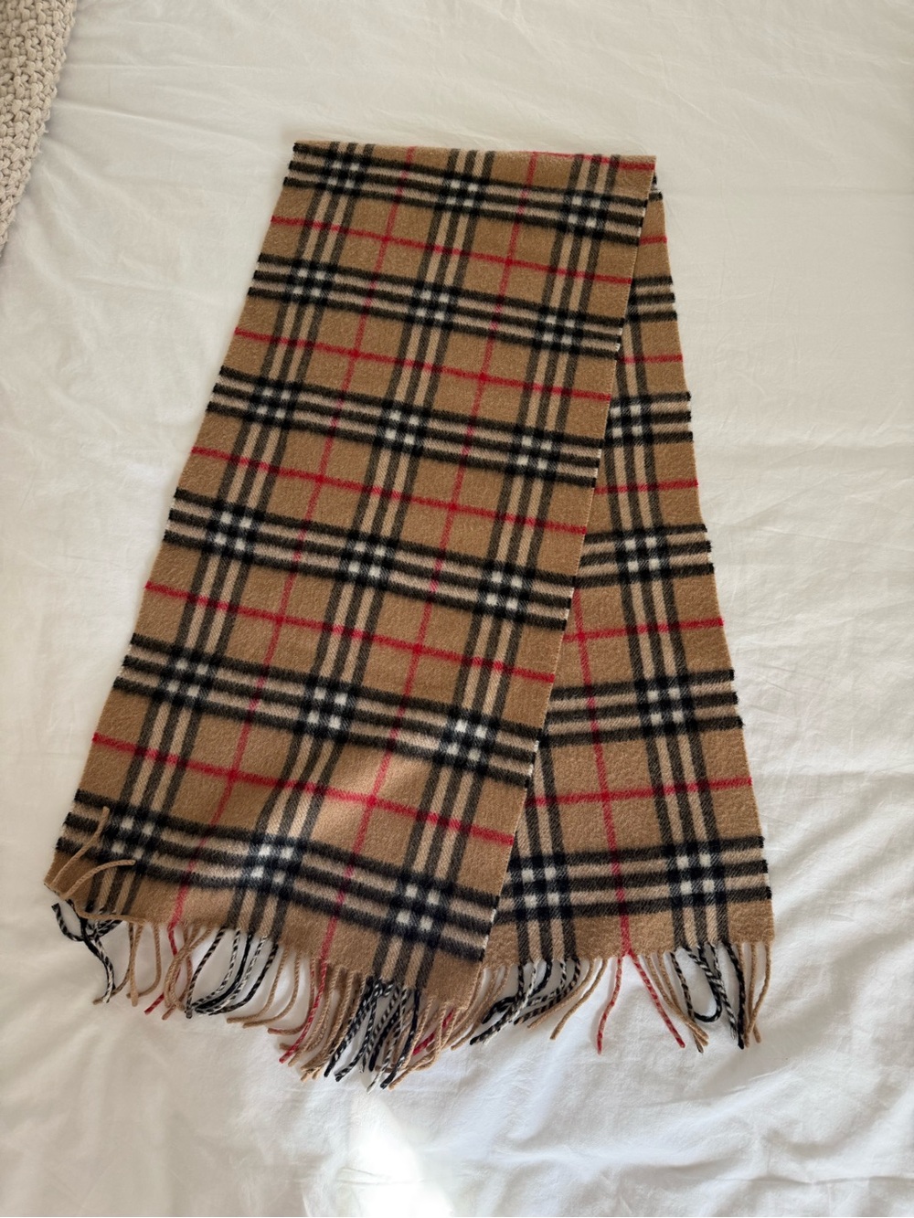 Burberry Classic Tan Plaid Scarf with Black & Red Stripes